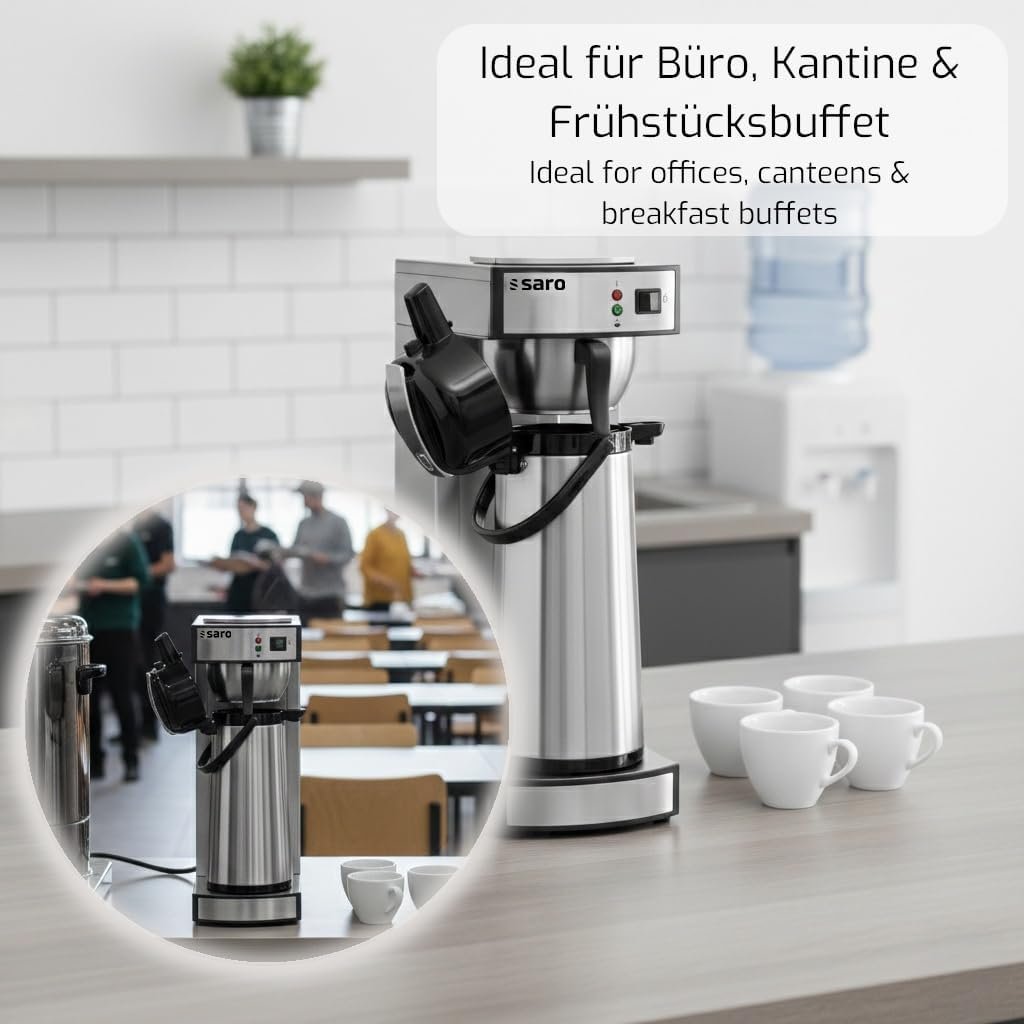 Saro 317-2085 Thermo Coffee Machine with Basket Filter and Thermos Flask, Industrial Coffee Machine with Thermos Jug (2.2 Litres, approx. 10 Cups, Brewing and Warming Function), Silver, 1.8 Litres