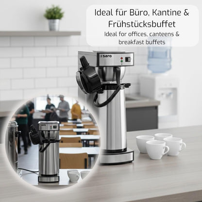 Saro 317-2085 Thermo Coffee Machine with Basket Filter and Thermos Flask, Industrial Coffee Machine with Thermos Jug (2.2 Litres, approx. 10 Cups, Brewing and Warming Function), Silver, 1.8 Litres