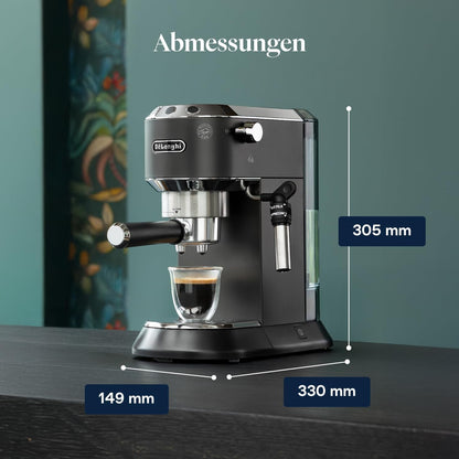 De'Longhi Dedica Style EC 685.BK Espresso Filter Holder Espresso Machine with Professional Milk Foam Nozzle 15 cm Wide 1 Litre Water Tank Full Metal Casing E.S.E Pads Black