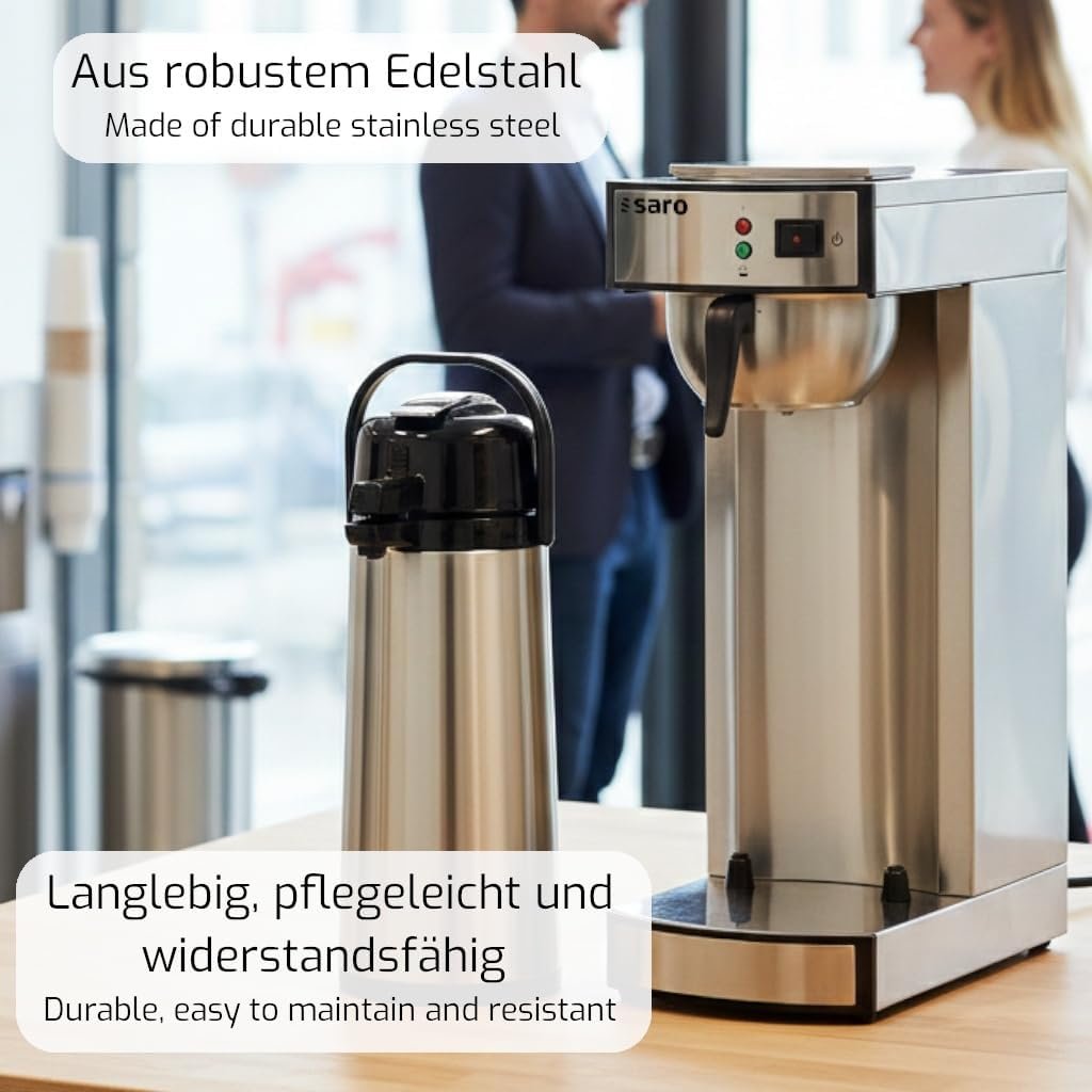 Saro 317-2085 Thermo Coffee Machine with Basket Filter and Thermos Flask, Industrial Coffee Machine with Thermos Jug (2.2 Litres, approx. 10 Cups, Brewing and Warming Function), Silver, 1.8 Litres