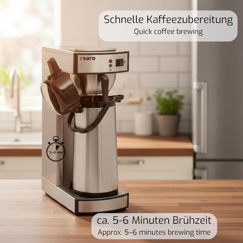 Saro 317-2085 Thermo Coffee Machine with Basket Filter and Thermos Flask, Industrial Coffee Machine with Thermos Jug (2.2 Litres, approx. 10 Cups, Brewing and Warming Function), Silver, 1.8 Litres
