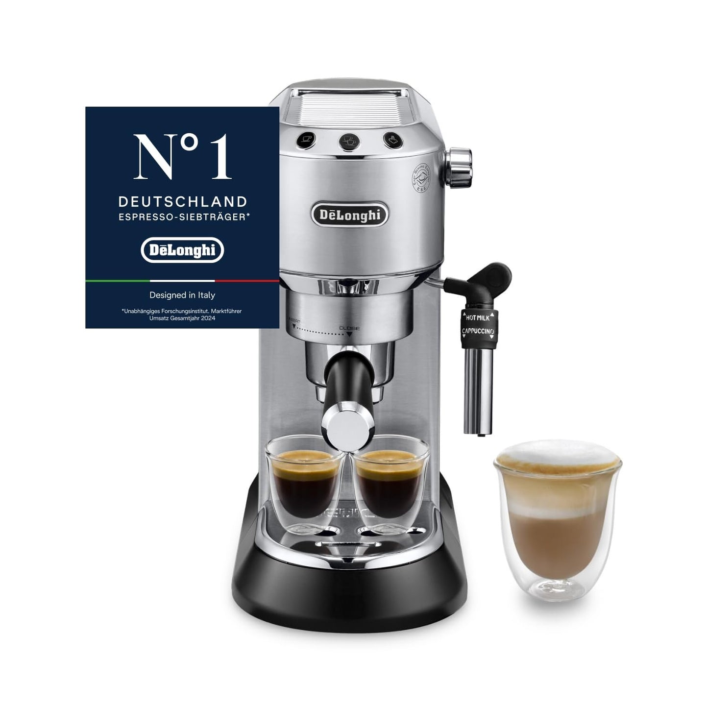 De'Longhi Dedica Style EC 685.BK Espresso Filter Holder Espresso Machine with Professional Milk Foam Nozzle 15 cm Wide 1 Litre Water Tank Full Metal Casing E.S.E Pads Black