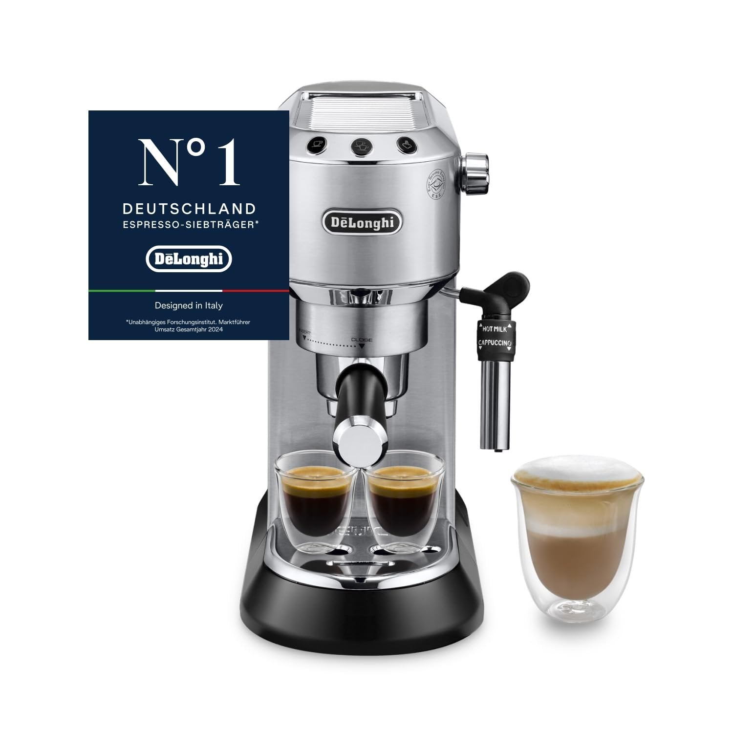 De'Longhi Dedica Style EC 685.BK Espresso Filter Holder Espresso Machine with Professional Milk Foam Nozzle 15 cm Wide 1 Litre Water Tank Full Metal Casing E.S.E Pads Black