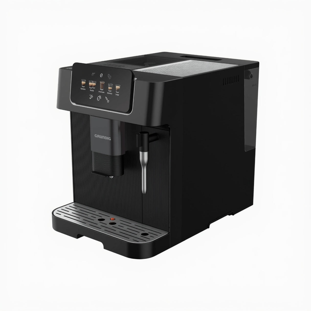 GRUNDIG KVA 6230 Kaffeevollautomat mit Milchaufschäumdüse, Edelstahlmahlwerk mit 13 Mahlgraden, 250 g Bohnenbehälter, 2 Liter abnehmbarer Wassertank, 19 Bar Pumpendruck, Touch-Display, Schwarz