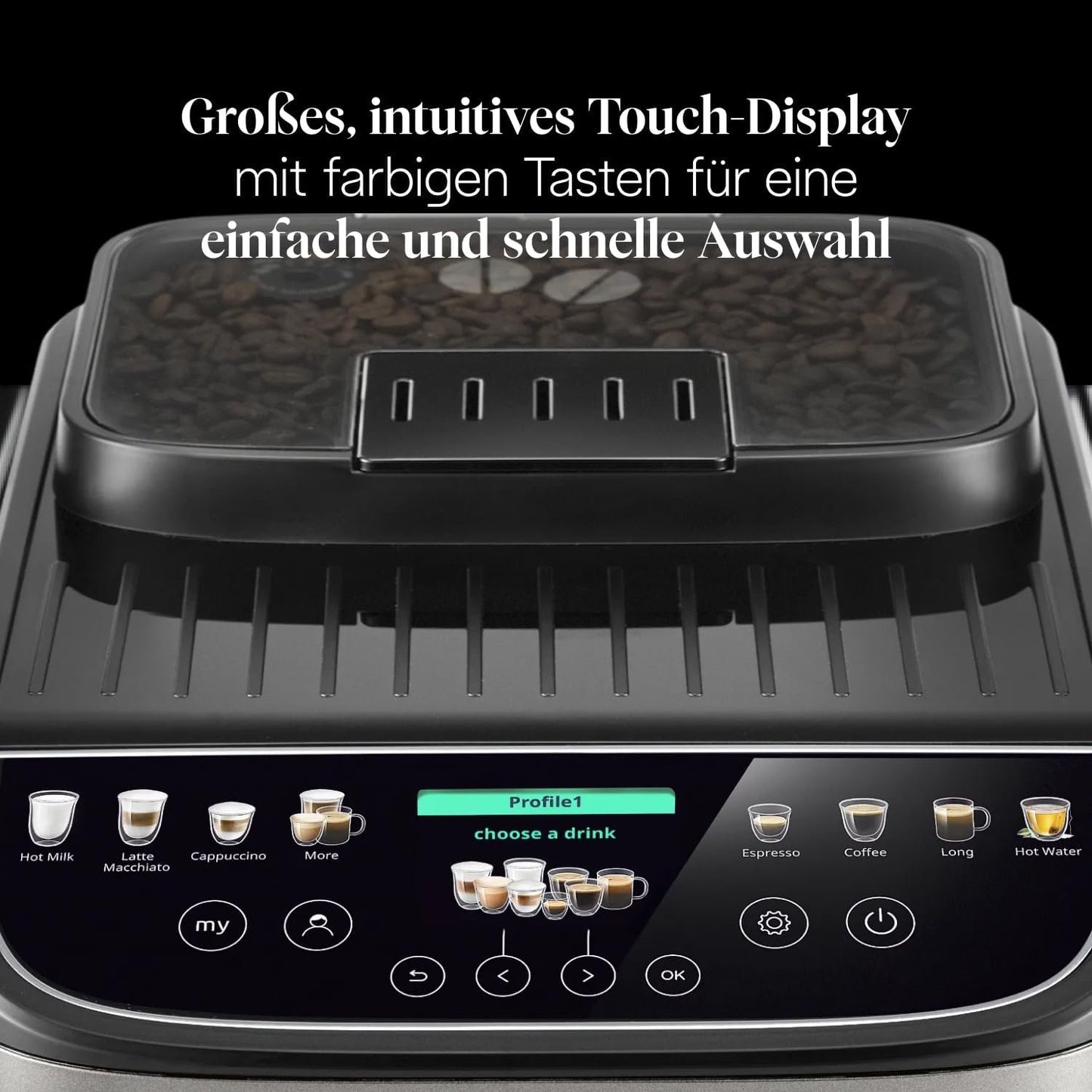 De’Longhi Magnifica Evo Next - Perfetto Kaffeevollautomat mit LatteCrema-Milchaufschäumer, 13 One-Touch-Getränke, Coffee- und Cappuccino Kaffeemaschine, farbiges Touch-Display, Titan (ECAM312.80.SB)