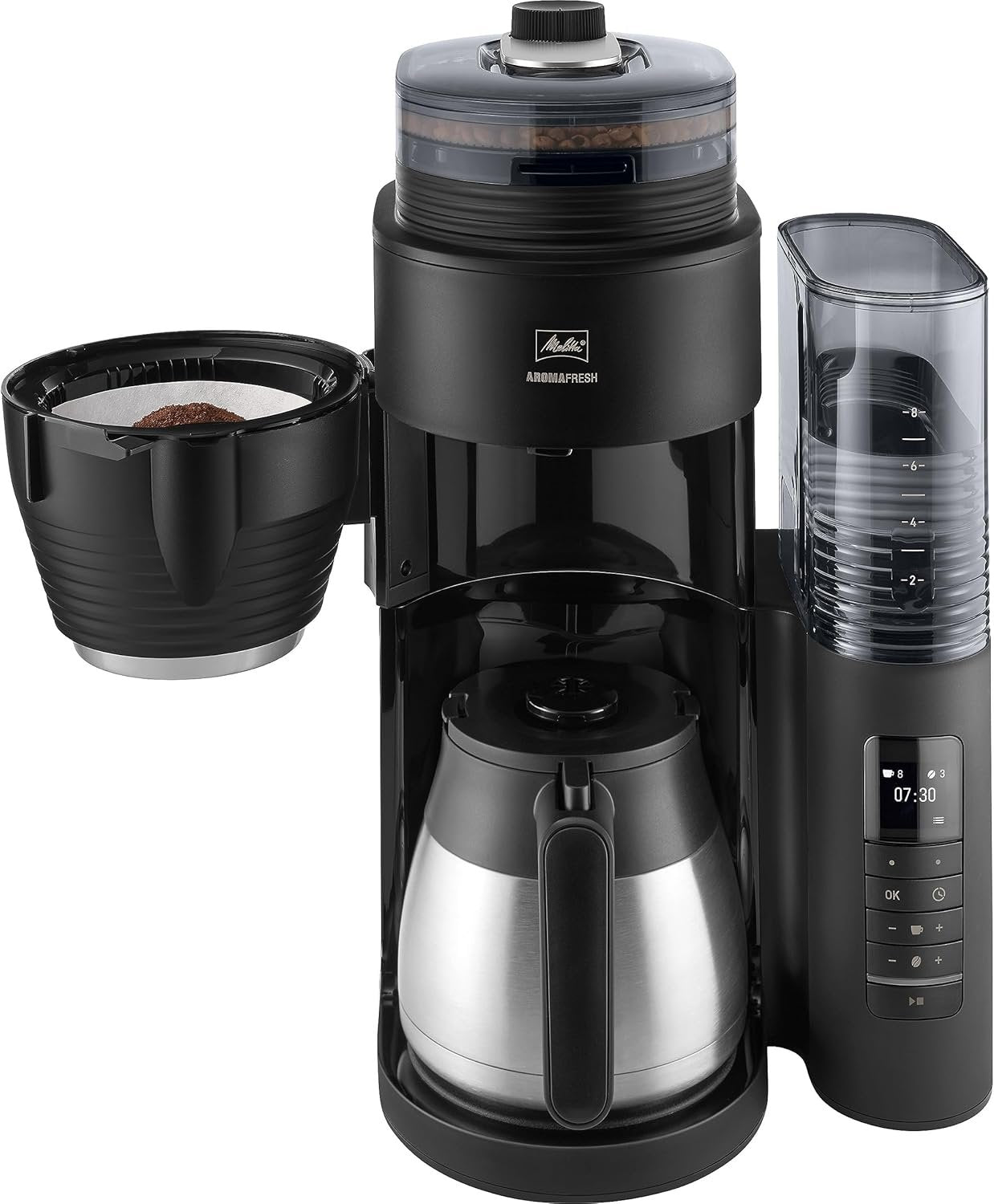 Melitta AromaFresh Therm Pro X Coffee Machine with Grinder, Filter Coffee Machine with Thermal Jug and Removable Water Tank, for up to 8 Cups of Coffee, Black