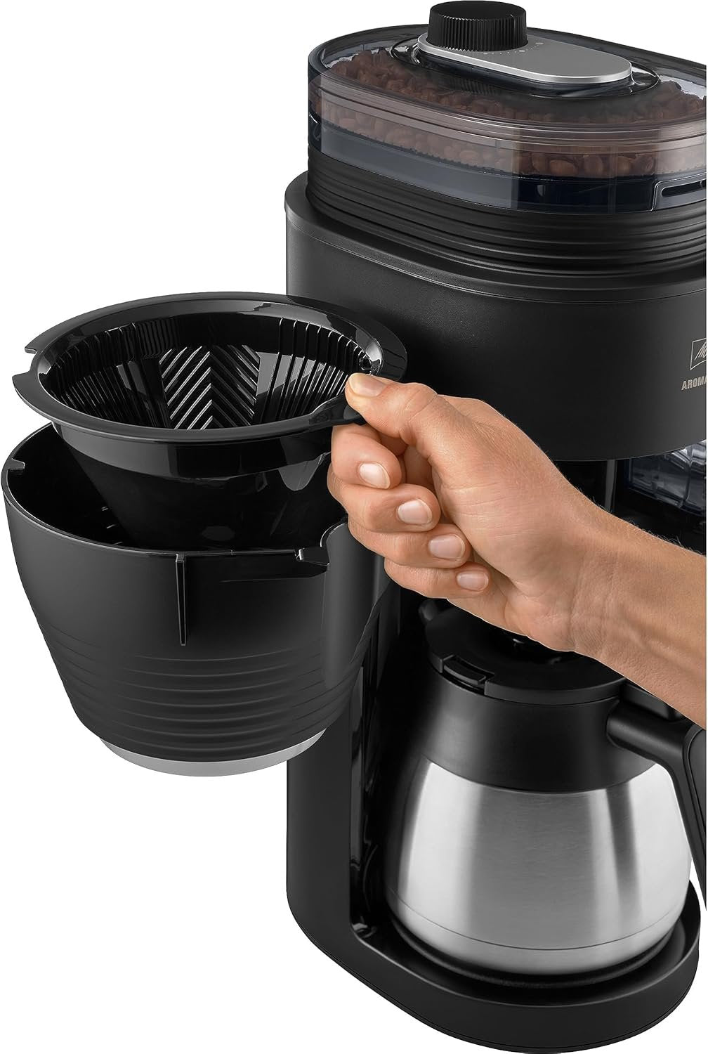 Melitta AromaFresh Therm Pro X Coffee Machine with Grinder, Filter Coffee Machine with Thermal Jug and Removable Water Tank, for up to 8 Cups of Coffee, Black