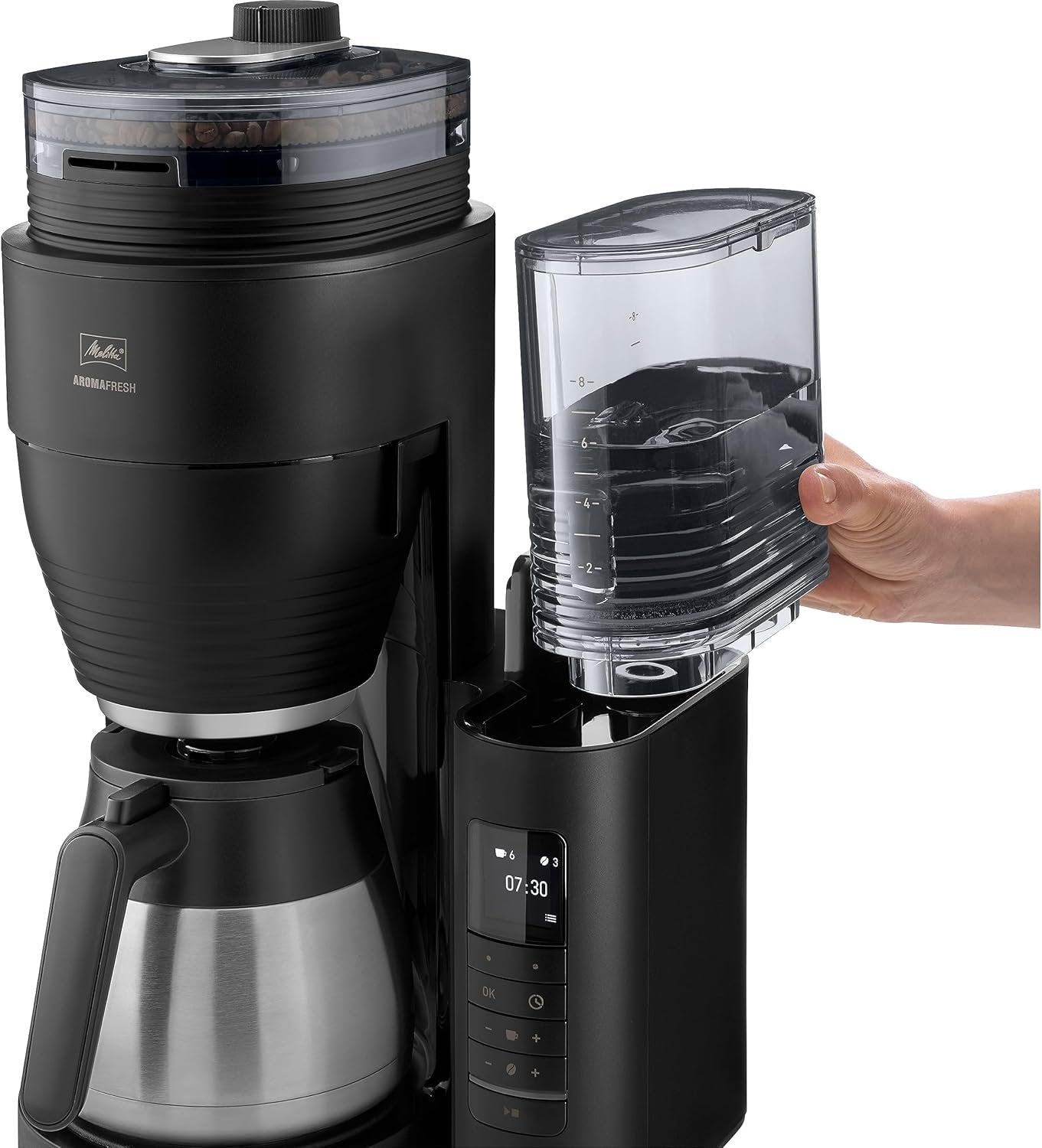Melitta AromaFresh Therm Pro X Coffee Machine with Grinder, Filter Coffee Machine with Thermal Jug and Removable Water Tank, for up to 8 Cups of Coffee, Black